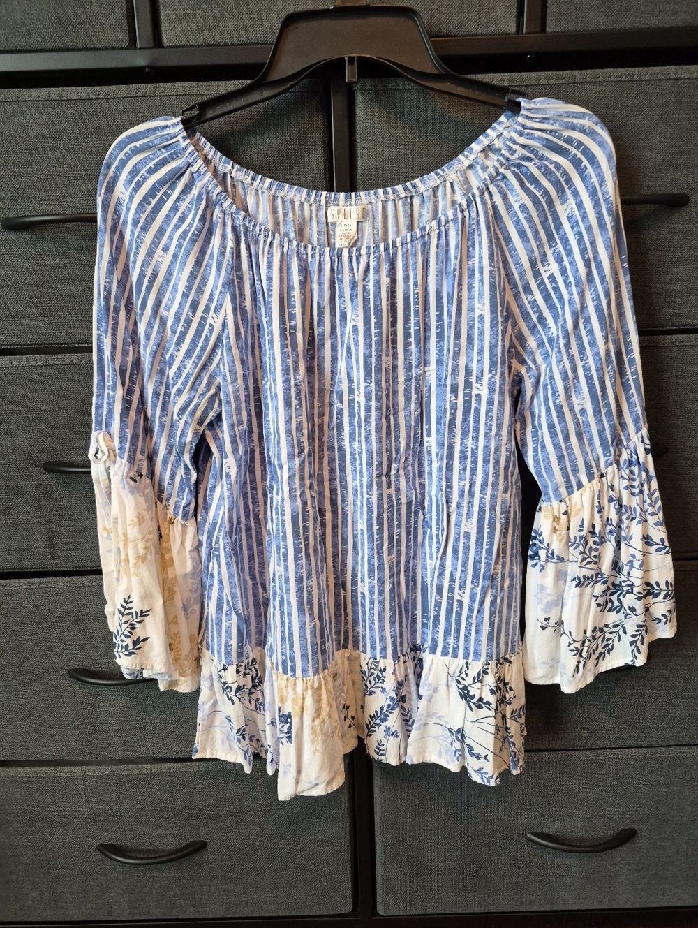 Spense Small Blue/White Stripe & Floral Peasant Blouse